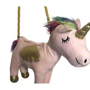 Unicorn Purse Shoulder Bag Plush Pink w/Rainbow Hair Gold Braided Rope Strap ZIp